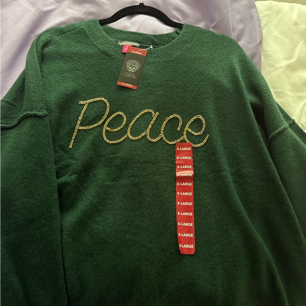 NWT Vince Camuto Green bead embroidered “Peace” Sweater